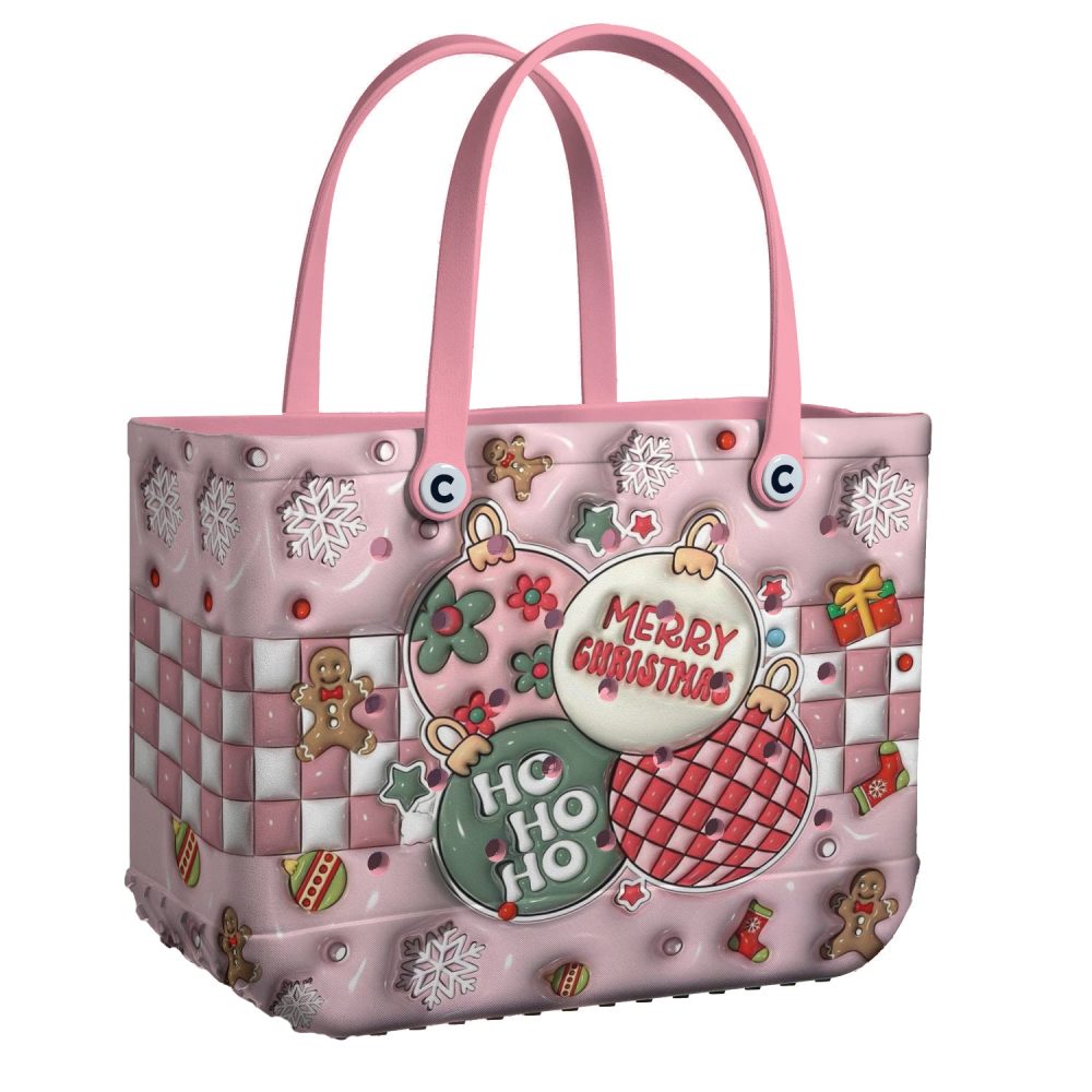 Festive Pink Christmas Tote Bag – Cute Holiday Design With Snowflakes & Gingerbread