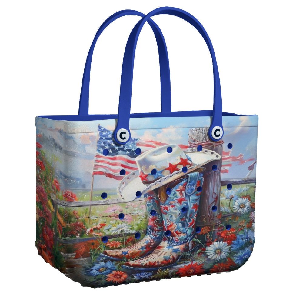 Patriotic Western Tote Bag - Stylish Usa Cowboy Boot & Hat Design, Perfect For Summer Outings!