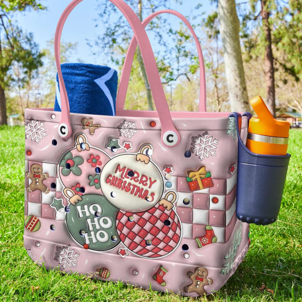 Festive Pink Christmas Tote Bag – Cute Holiday Design With Snowflakes & Gingerbread - Image 5