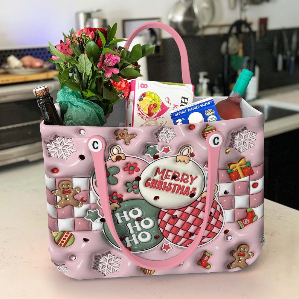 Festive Pink Christmas Tote Bag – Cute Holiday Design With Snowflakes & Gingerbread - Image 3