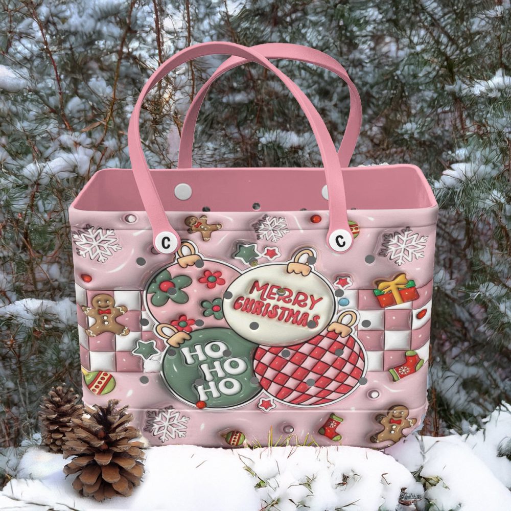 Festive Pink Christmas Tote Bag – Cute Holiday Design With Snowflakes & Gingerbread - Image 2
