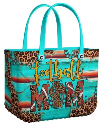 Trendy Football Mom Tote Bag – Stylish Leopard Print & Turquoise Design For Sports Fans