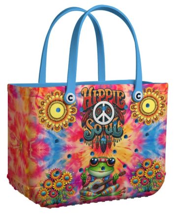 Hippie Soul Tie-Dye Tote Bag With Floral & Frog Design – Boho Chic Shoulder Bag