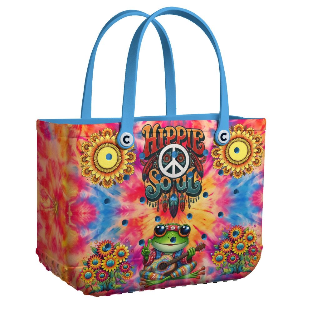 Hippie Soul Tie-Dye Tote Bag With Floral & Frog Design – Boho Chic Shoulder Bag