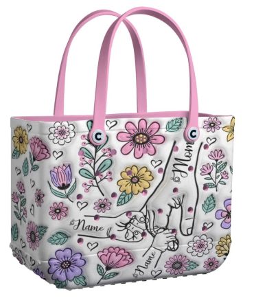 Personalized Floral Tote Bag - Perfect Gift For Mom, Custom Name Handbag With Pink Handles