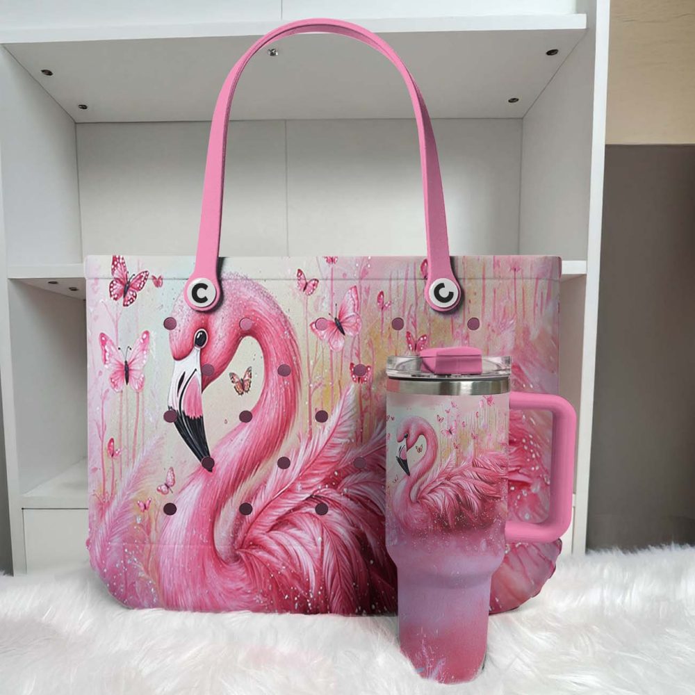 Bucket Tote Bag, Limited Edition Bogg Bag, Beach Bag Pink Feather - Image 2