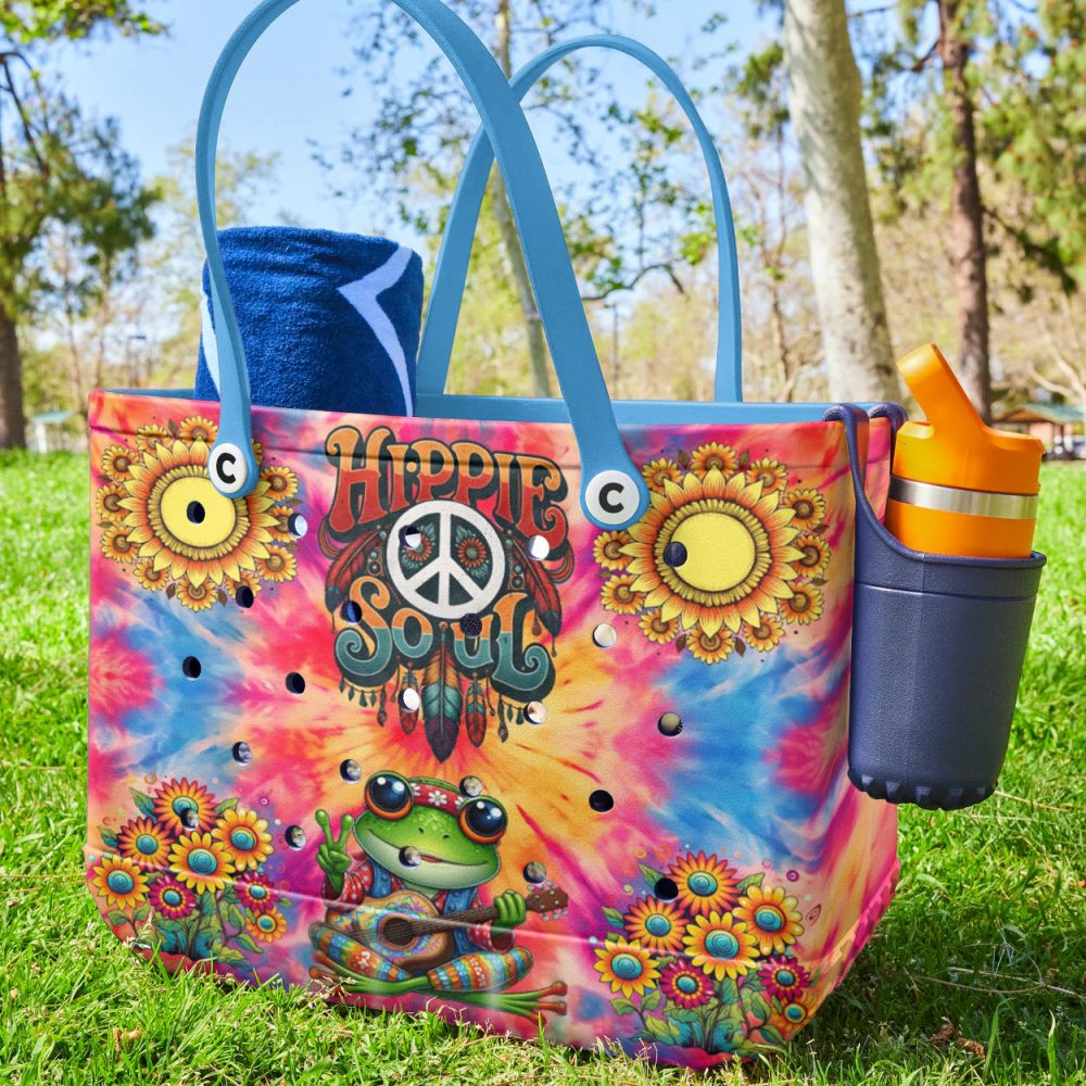 Hippie Soul Tie-Dye Tote Bag With Floral & Frog Design – Boho Chic Shoulder Bag - Image 3