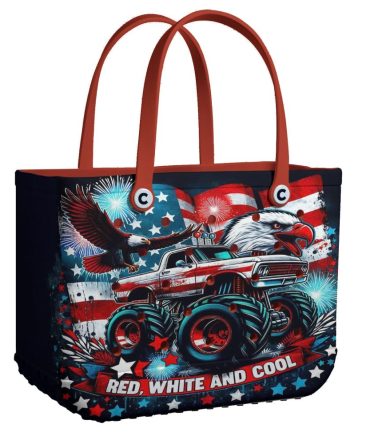 Patriotic Monster Truck Tote Bag - Red, White & Cool Design With Eagle & Fireworks