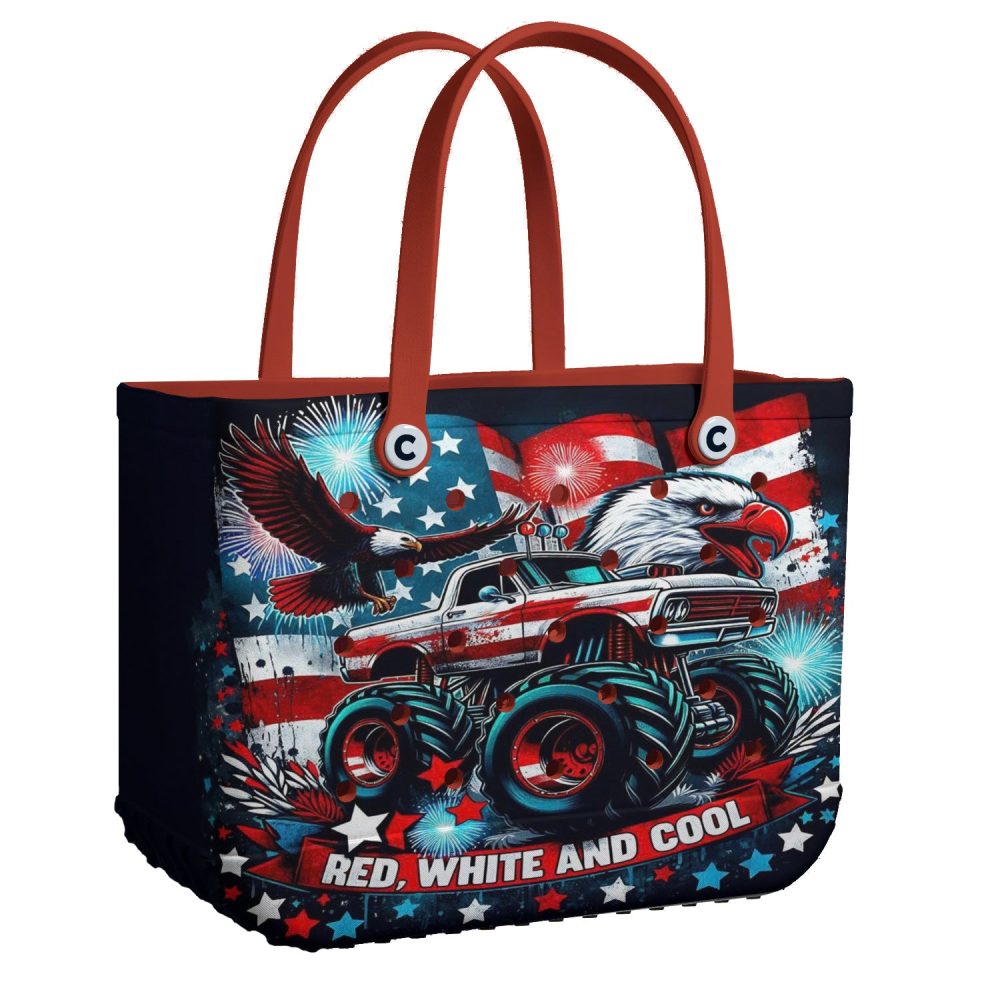 Patriotic Monster Truck Tote Bag - Red, White & Cool Design With Eagle & Fireworks