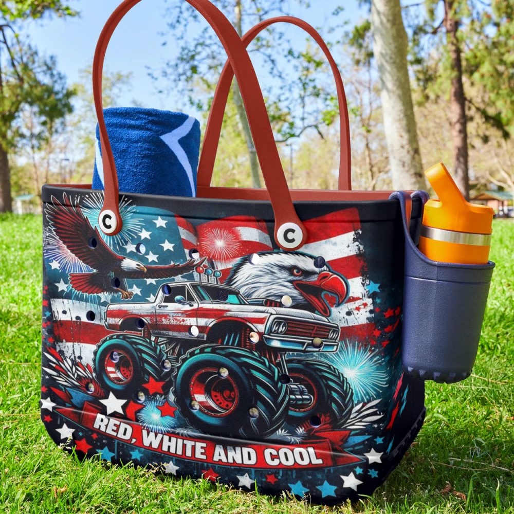 Patriotic Monster Truck Tote Bag - Red, White & Cool Design With Eagle & Fireworks - Image 2