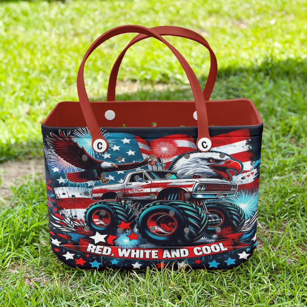 Patriotic Monster Truck Tote Bag - Red, White & Cool Design With Eagle & Fireworks - Image 5