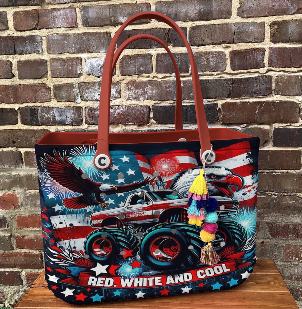 Patriotic Monster Truck Tote Bag - Red, White & Cool Design With Eagle & Fireworks - Image 4