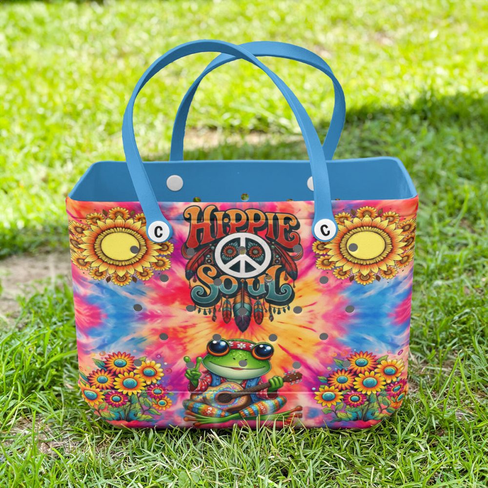 Hippie Soul Tie-Dye Tote Bag With Floral & Frog Design – Boho Chic Shoulder Bag - Image 4