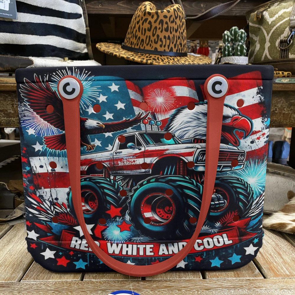 Patriotic Monster Truck Tote Bag - Red, White & Cool Design With Eagle & Fireworks - Image 3
