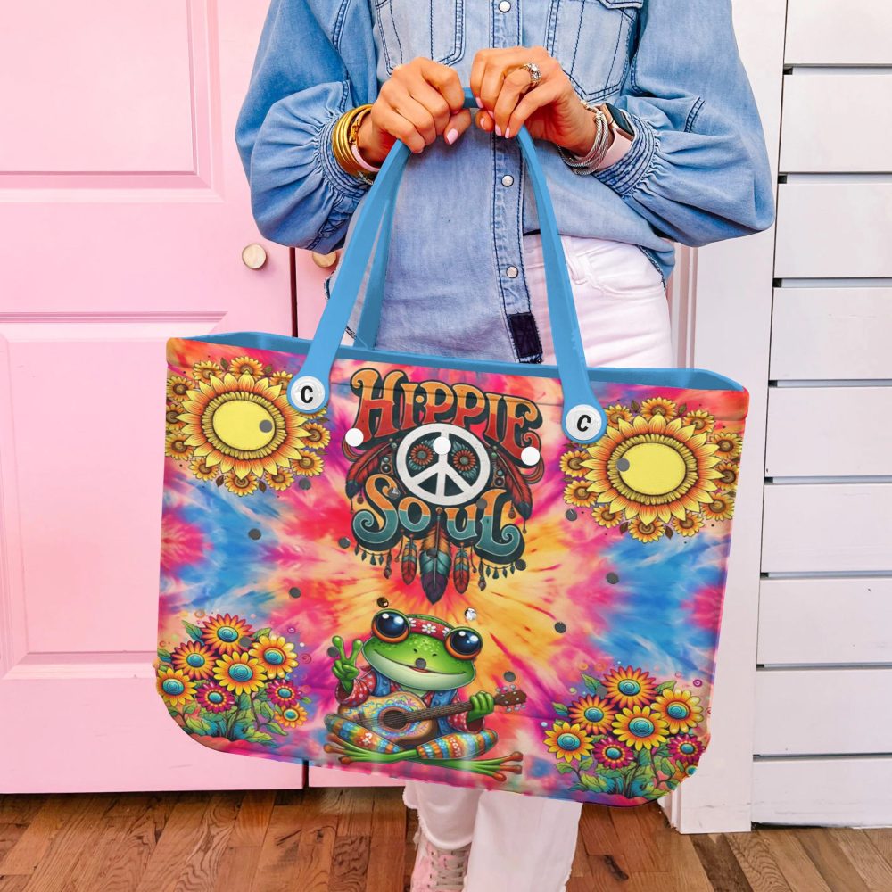 Hippie Soul Tie-Dye Tote Bag With Floral & Frog Design – Boho Chic Shoulder Bag - Image 2