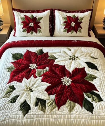 Winter Poinsettia Magic 3-Piece Quilted Bedding Set