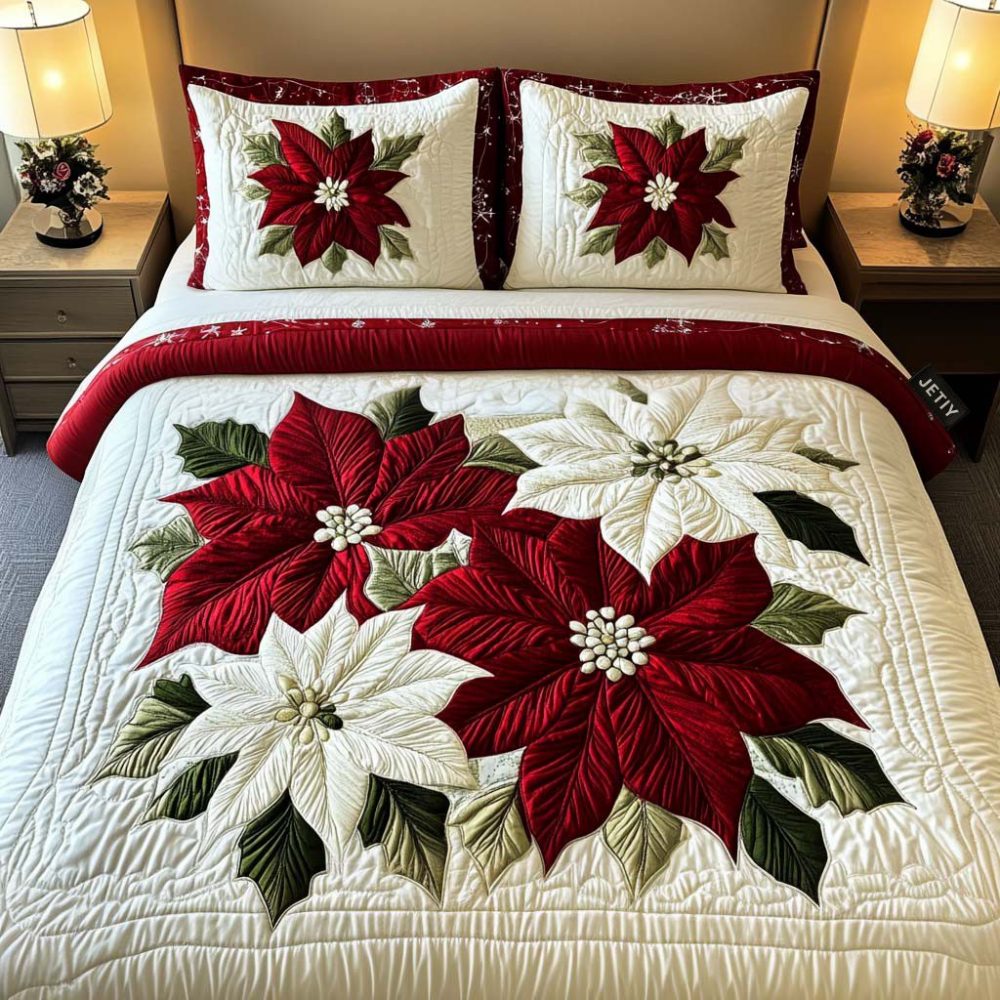 Winter Poinsettia Magic 3-Piece Quilted Bedding Set