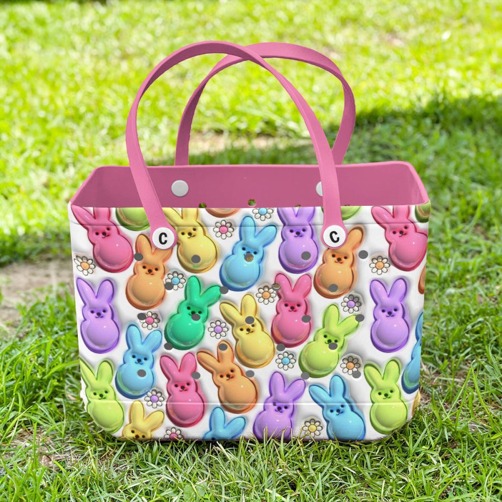 Colorful Bunny Tote Bag – Cute & Spacious Easter-Themed Handbag With Pink Handles - Image 4