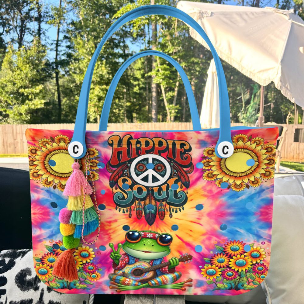 Hippie Soul Tie-Dye Tote Bag With Floral & Frog Design – Boho Chic Shoulder Bag - Image 5