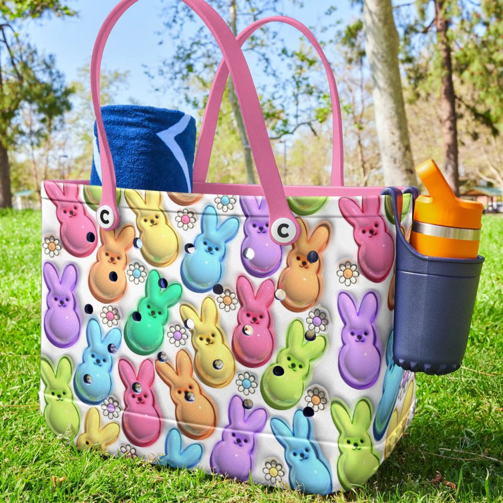 Colorful Bunny Tote Bag – Cute & Spacious Easter-Themed Handbag With Pink Handles - Image 2