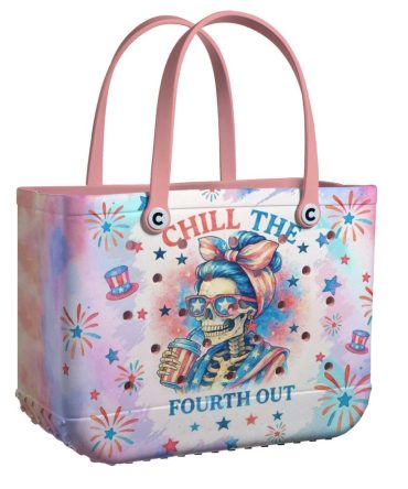 Chill The Fourth Out Tote Bag - Stylish Skeleton Summer Beach Bag With Pink Handles