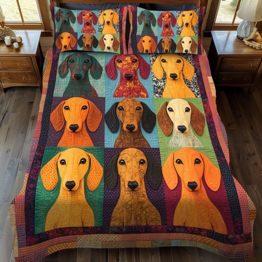 Adorable Dachshund 3-Piece Quilted Bedding Set