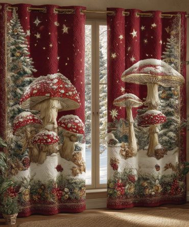 Amanita Mushroom Snow Quilted Curtains