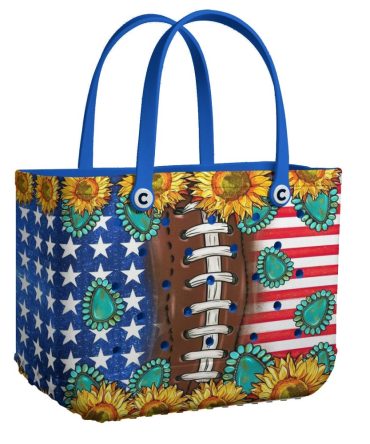 Patriotic Sunflower Tote Bag - Stars, Stripes & Football Design , Stylish & Spacious Handbag For Everyday Use