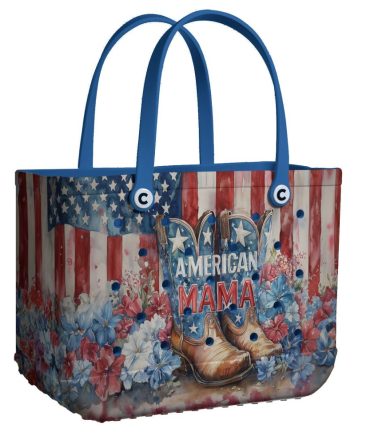 American Mama Tote Bag – Patriotic Stars & Stripes Design With Floral Accents