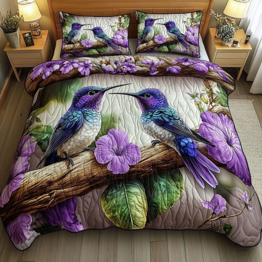 Amethyst Lovebirds 3-Piece Quilted Bedding Set