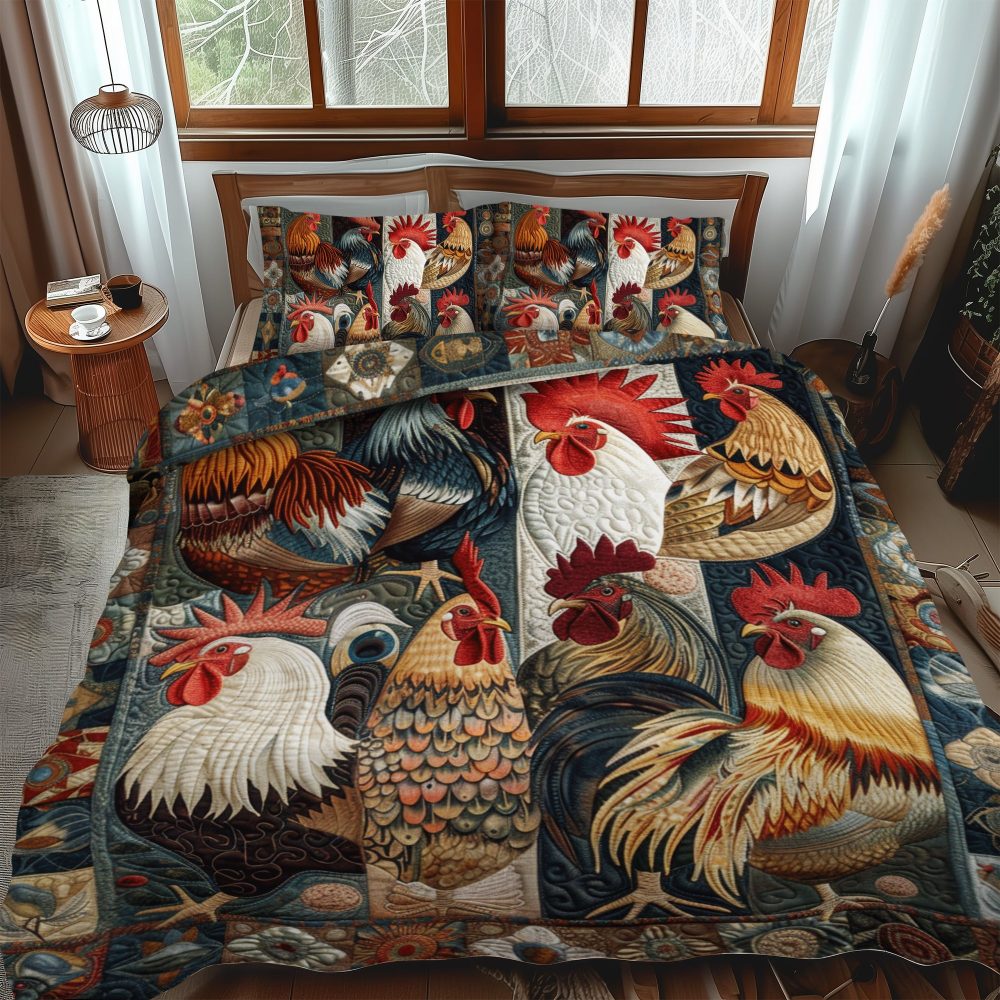 Antique Rooster 3-Piece Quilted Bedding Set - Image 2