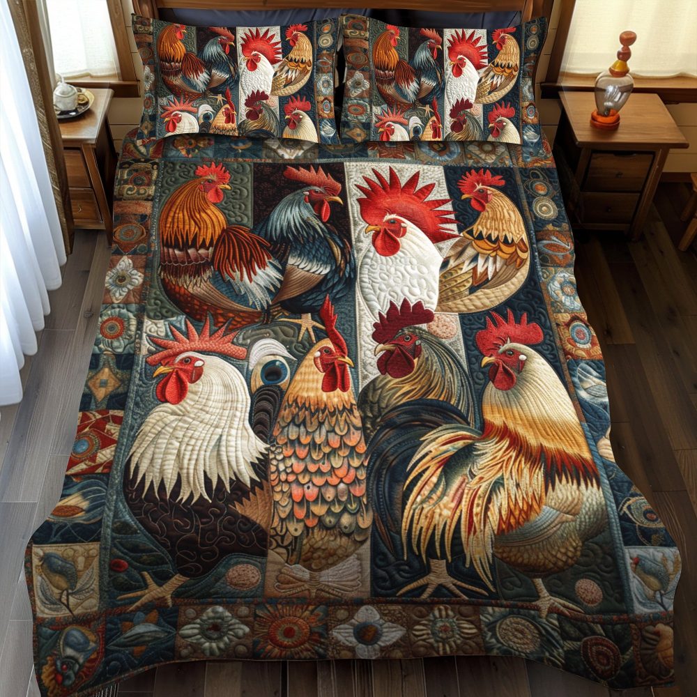 Antique Rooster 3-Piece Quilted Bedding Set