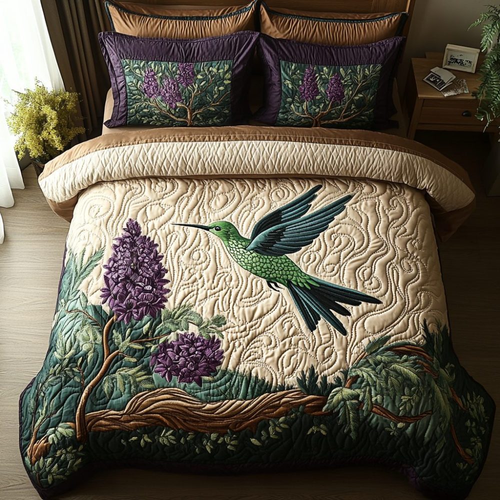 Antique Hummingbird 3-Piece Quilted Bedding Set