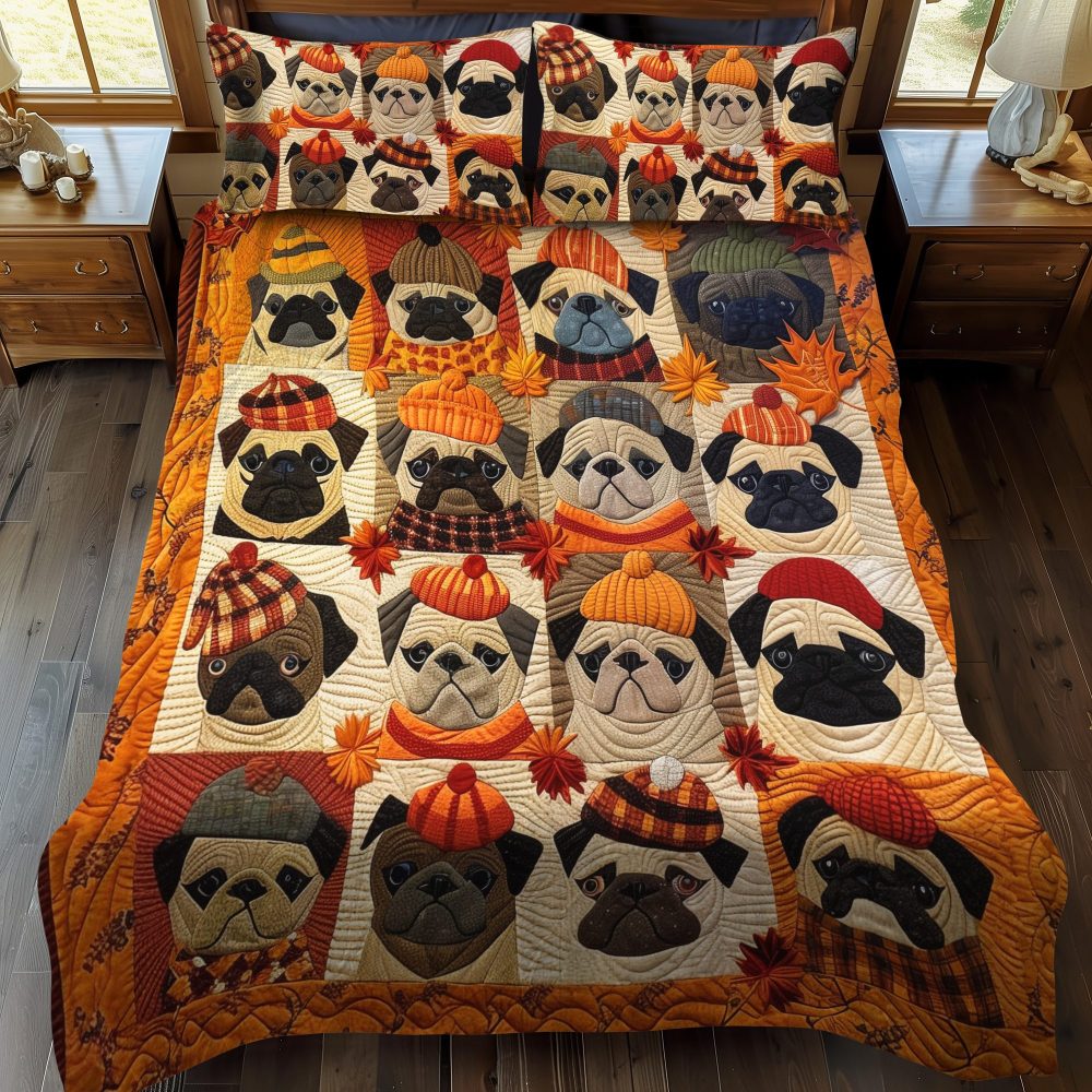 Autumn Vibe Pugs 3-Piece Quilted Bedding Set - Image 2