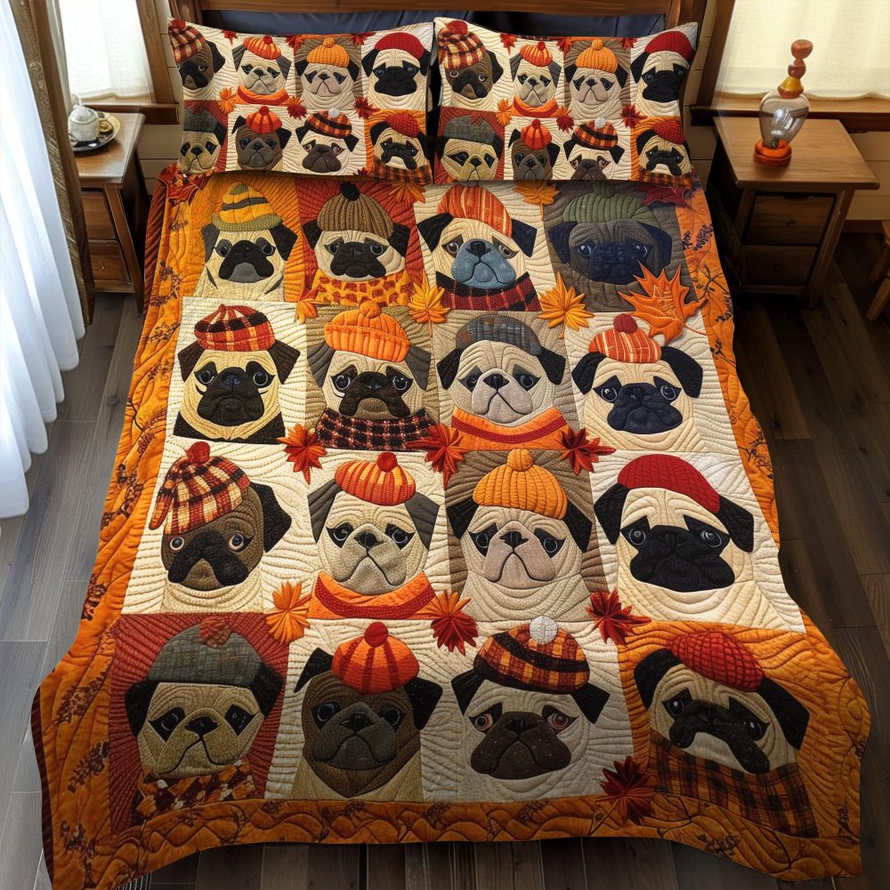 Autumn Vibe Pugs 3-Piece Quilted Bedding Set