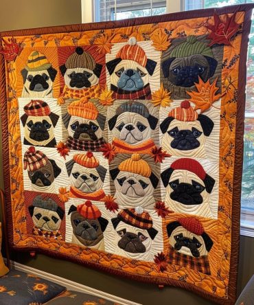 Autumn Vibe Pugs Quilted Blanket