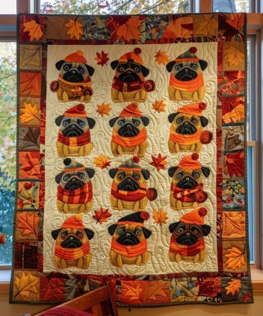 Autumn Vibe Pugs Quilted Blanket