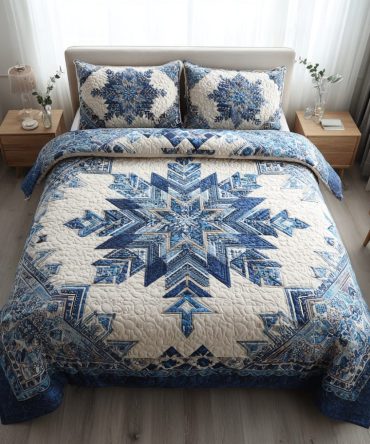 Azure Snowflake Burst 3-Piece Quilted Bedding Set
