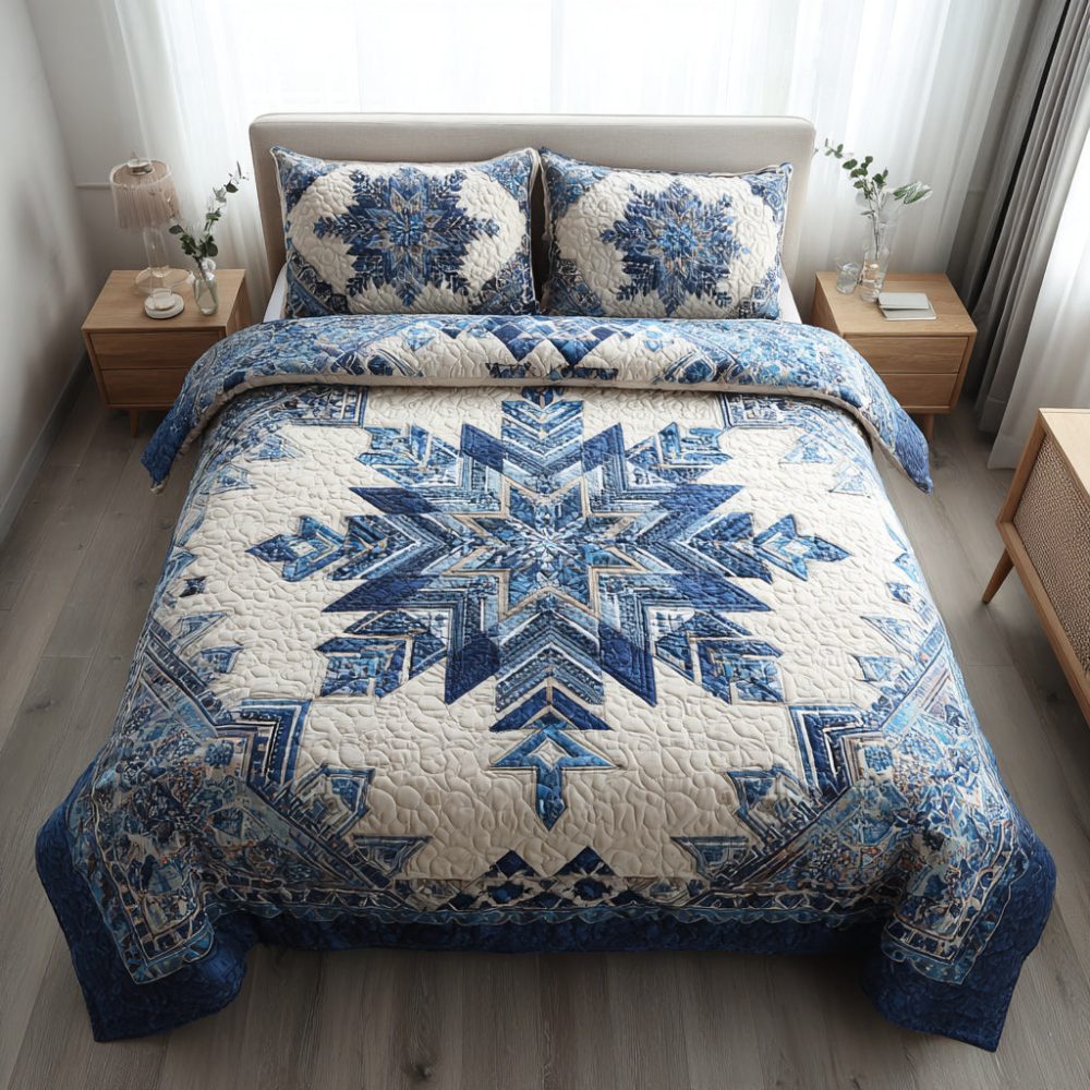 Azure Snowflake Burst 3-Piece Quilted Bedding Set