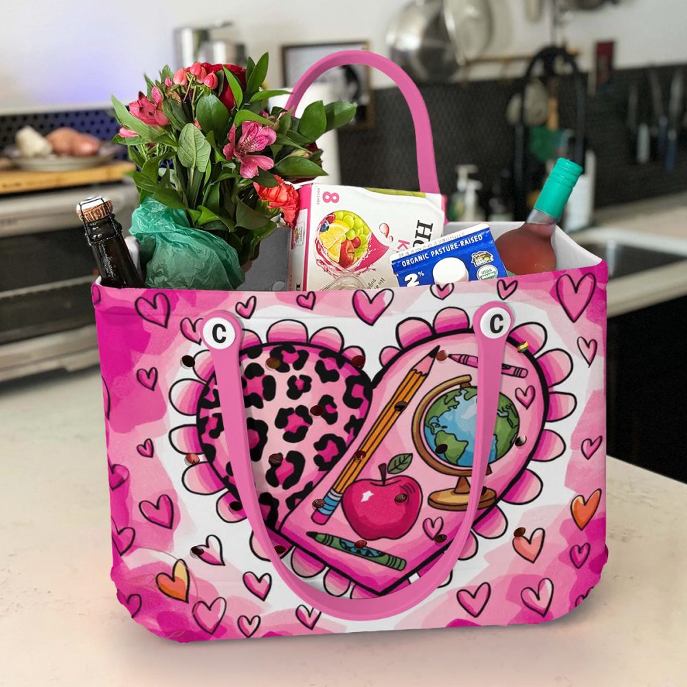 Vibrant Pink Heart Tote Bag - Leopard Print & School Icons - Perfect For Teachers & Students! - Image 5