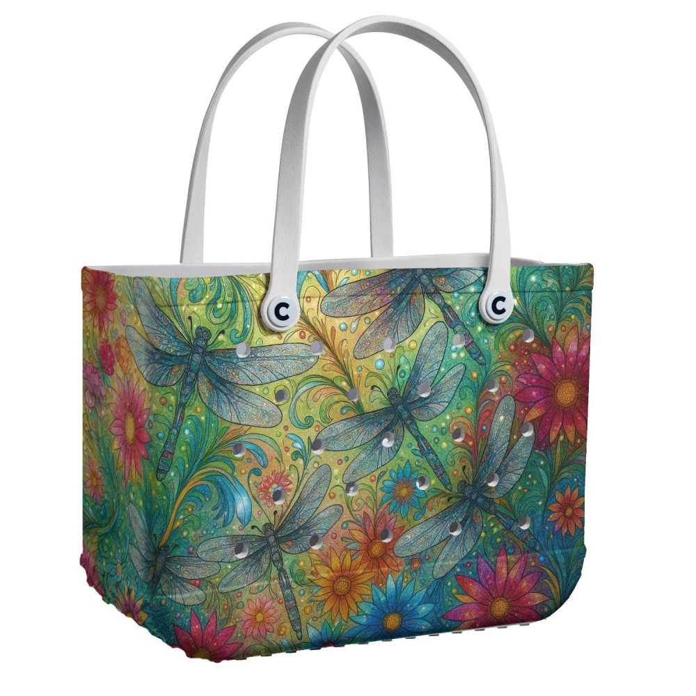 Vibrant Dragonfly & Floral Tote Bag - Eco-Friendly, Spacious, Stylish Handbag For Everyday Use