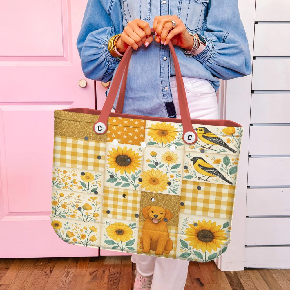 Bright Floral Patchwork Tote Bag With Cute Dog & Bird Design - Perfect For Everyday Use - Image 4