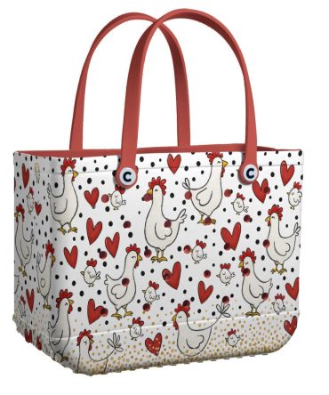 Charming Chicken & Heart Tote Bag - Stylish Farm-Themed Shopper With Red Handles
