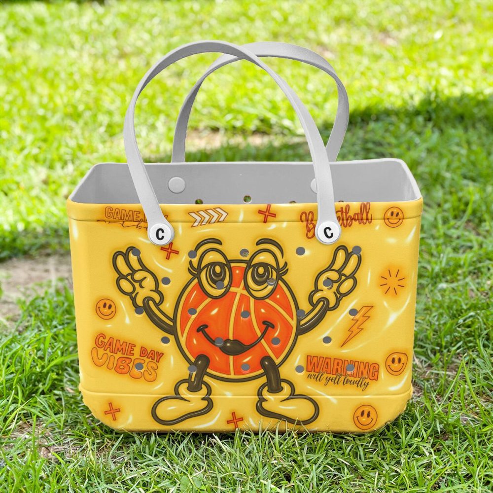 Vibrant Yellow Basketball Tote Bag - Fun Game Day Vibes & Smiley Design - Perfect For Sports Lovers - Image 2