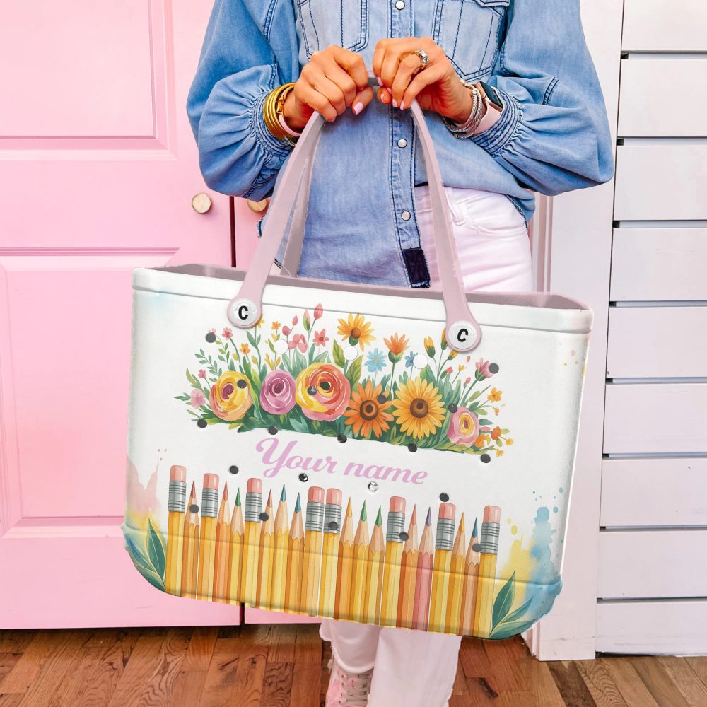 Personalized Floral Tote Bag - Custom Name Design With Vibrant Flowers & Pencils - Perfect For School & Gifts - Image 3