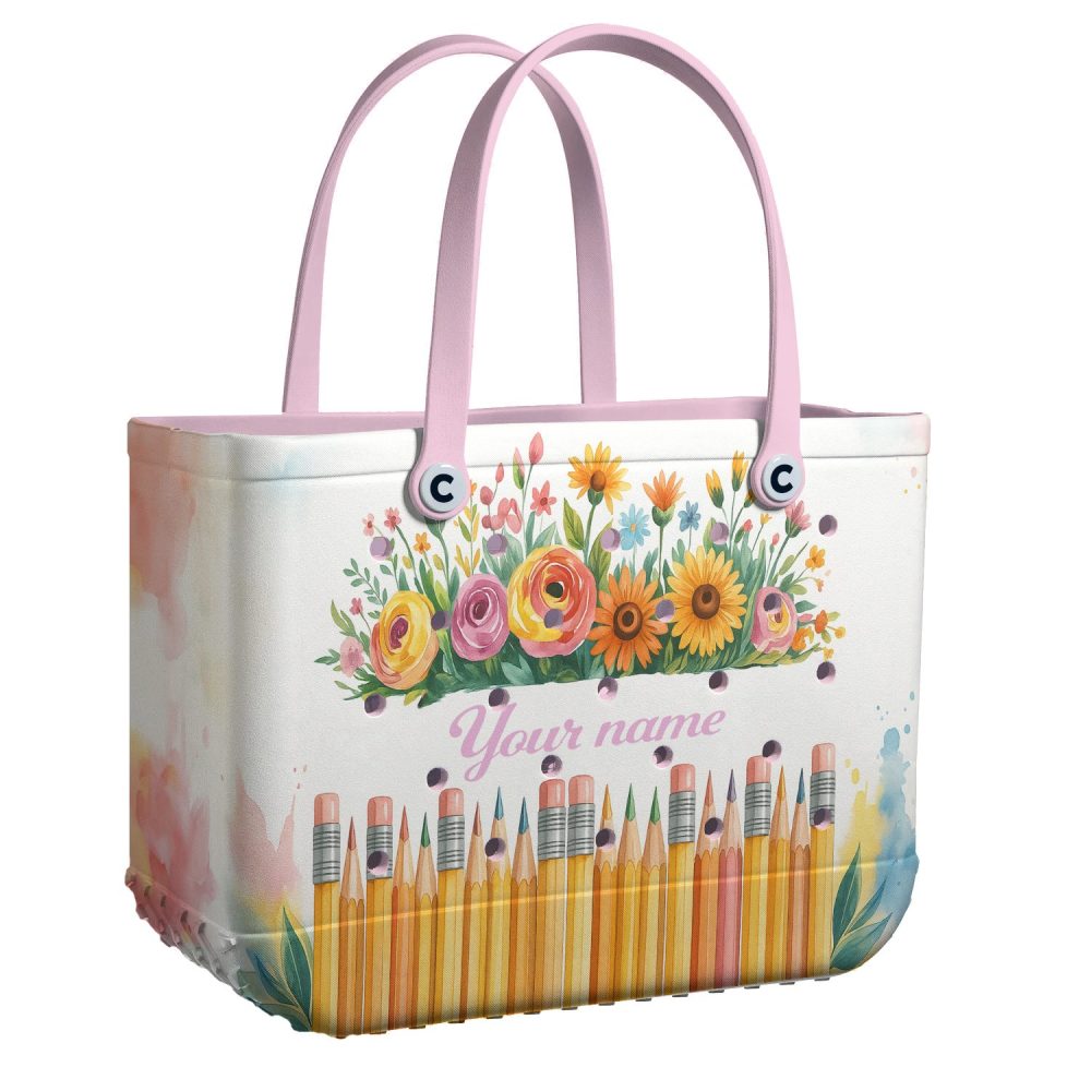 Personalized Floral Tote Bag - Custom Name Design With Vibrant Flowers & Pencils - Perfect For School & Gifts