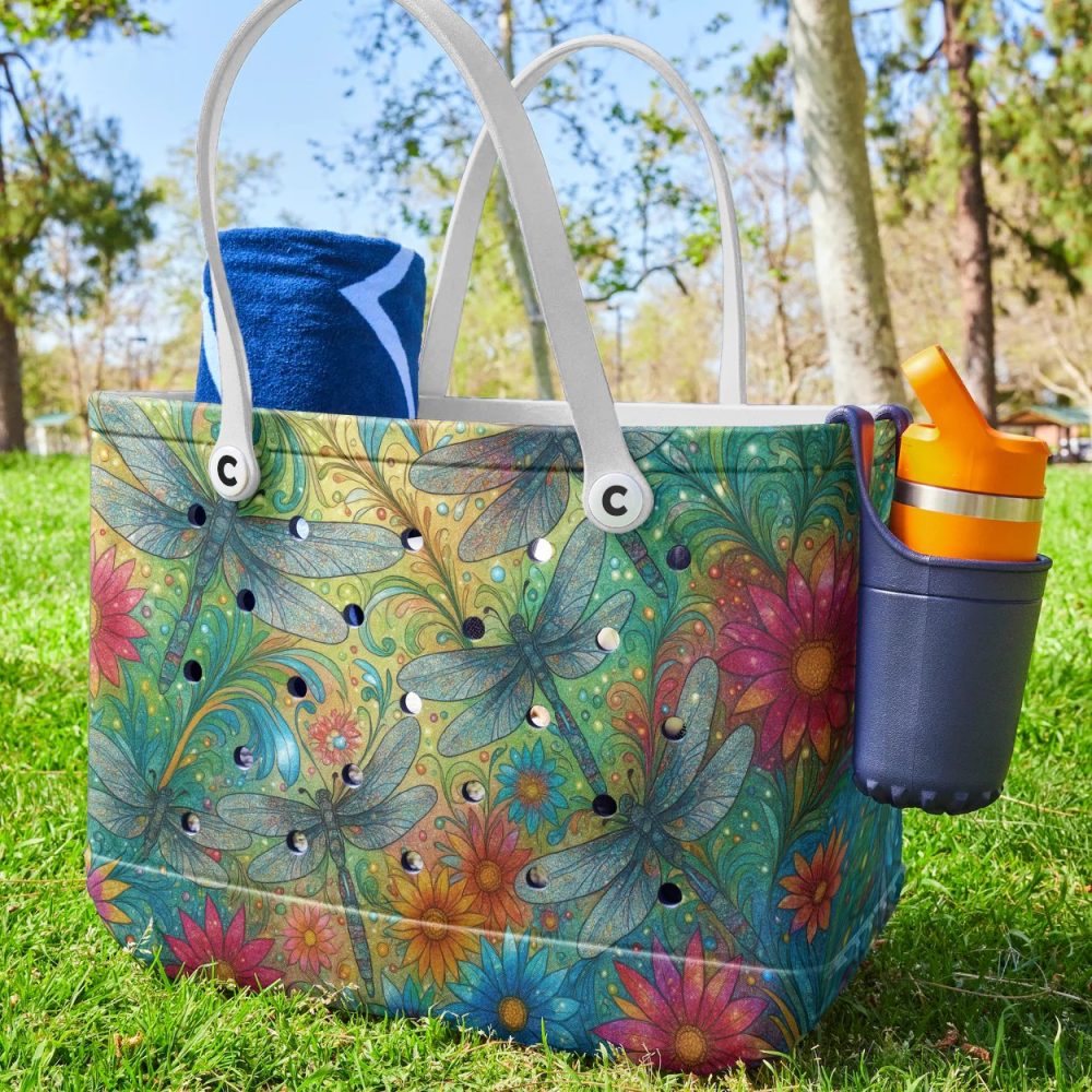 Vibrant Dragonfly & Floral Tote Bag - Eco-Friendly, Spacious, Stylish Handbag For Everyday Use - Image 2