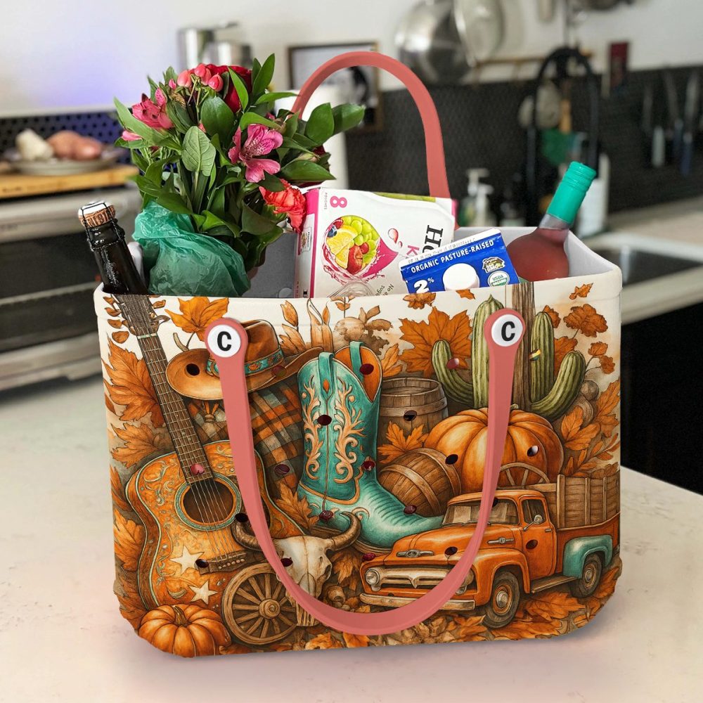 Rustic Autumn Western Tote Bag - Vibrant Country Style Handbag With Guitar & Cowboy Boot Design - Image 4