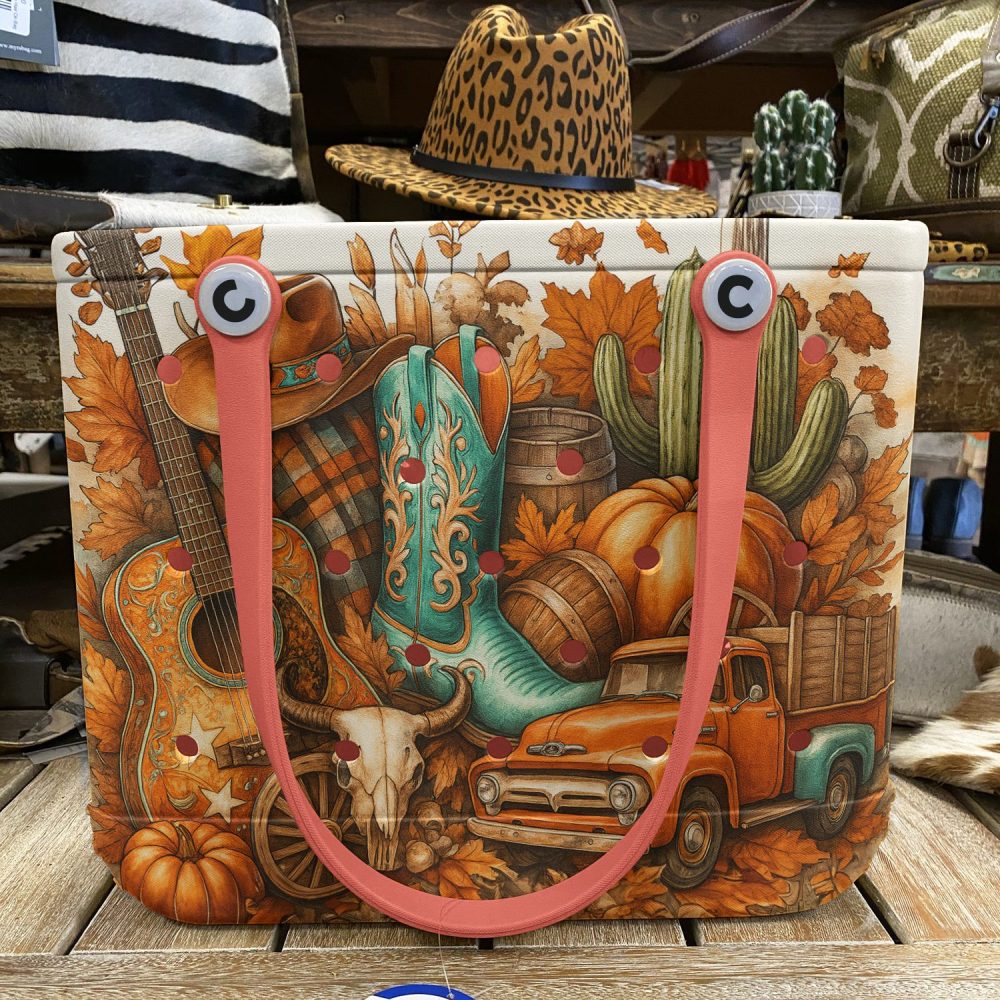 Rustic Autumn Western Tote Bag - Vibrant Country Style Handbag With Guitar & Cowboy Boot Design - Image 6