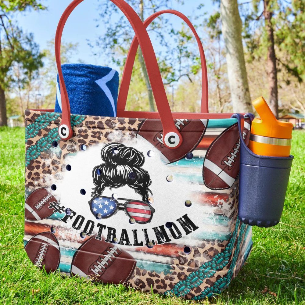Football Mom Tote Bag - Stylish Leopard Print With American Flag Accent & Football Design - Image 2